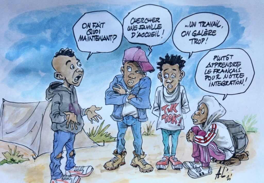 "On fait quoi maintenant?". "On apprend le français". Un dessin d'Al'Mata pour Guiti News.