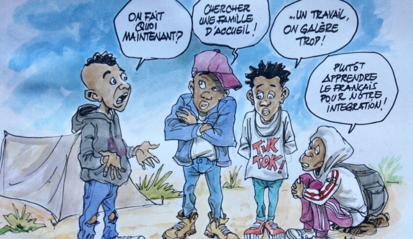 "On fait quoi maintenant?". "On apprend le français". Un dessin d'Al'Mata pour Guiti News.